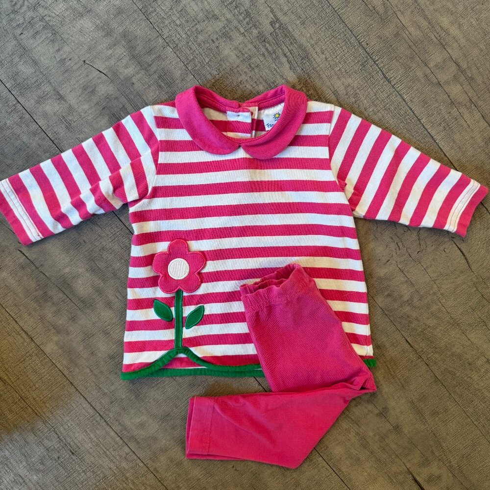 Florence Eiseman Pink Striped Tunic Legging Set with Flower Applique
